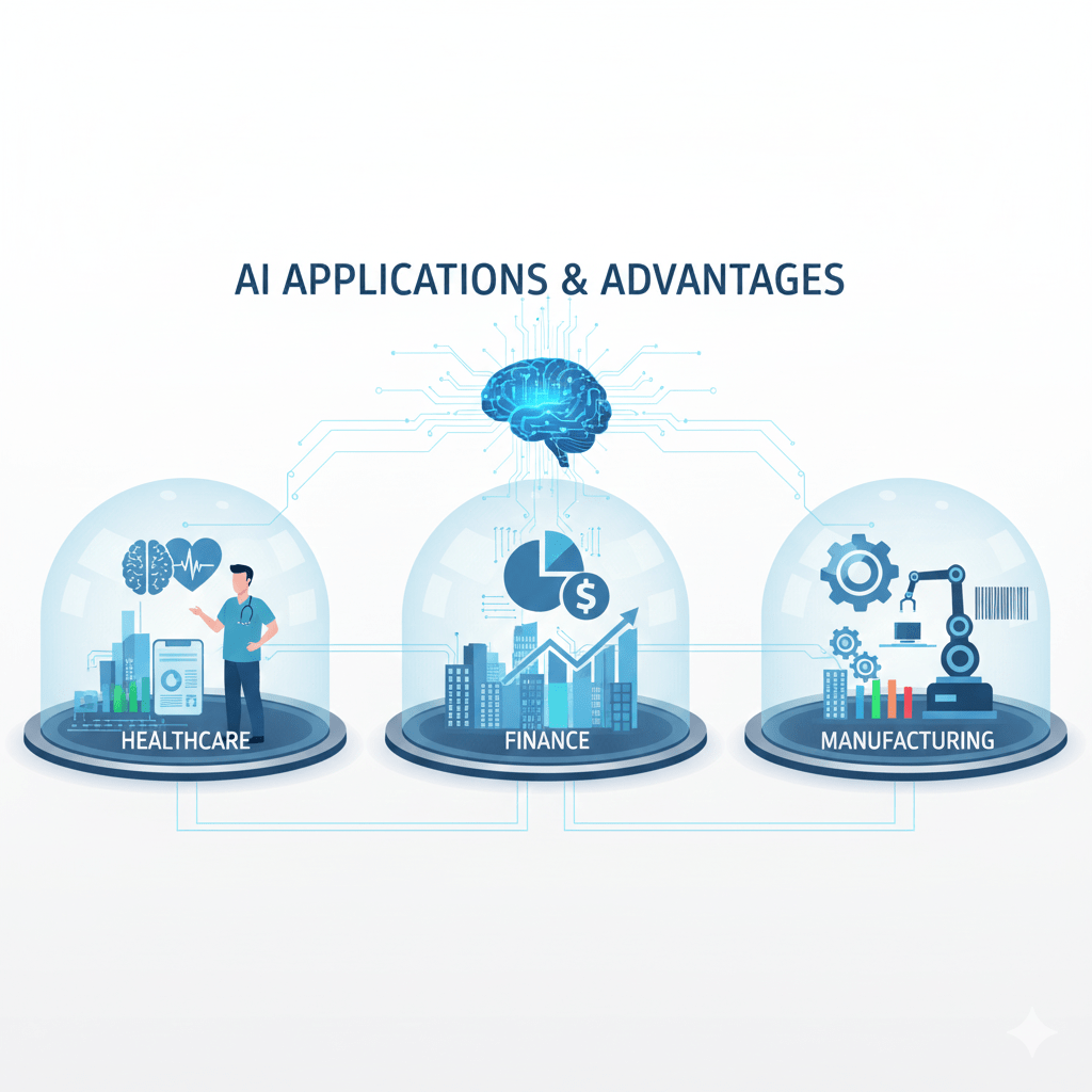Artificial intelligence applications and advantages across different industries including healthcare finance and manufacturing