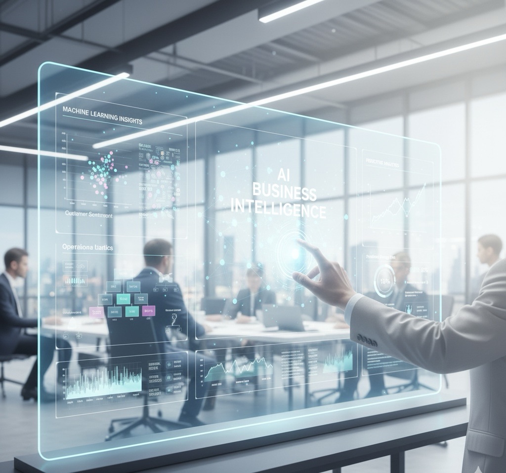 AI data analysis dashboard showing machine learning insights and predictive analytics for business intelligence